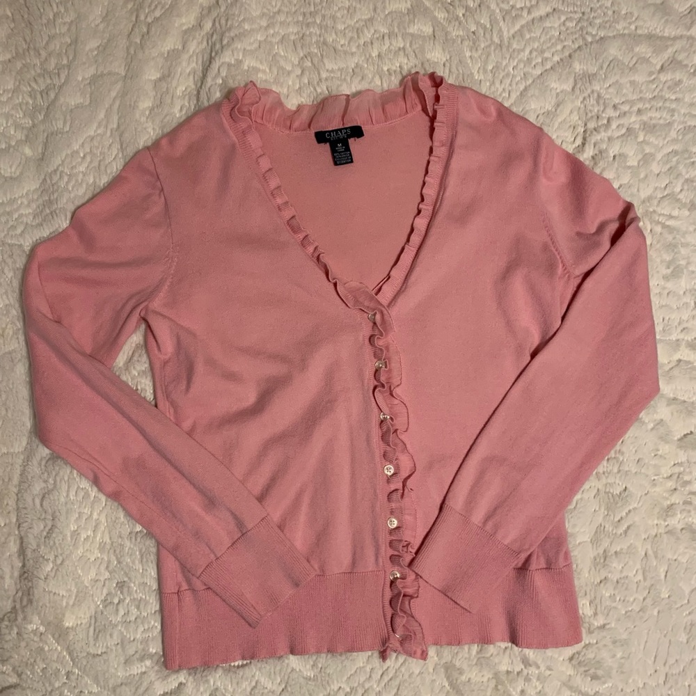 Chaps pink button down sweater with ruffle.